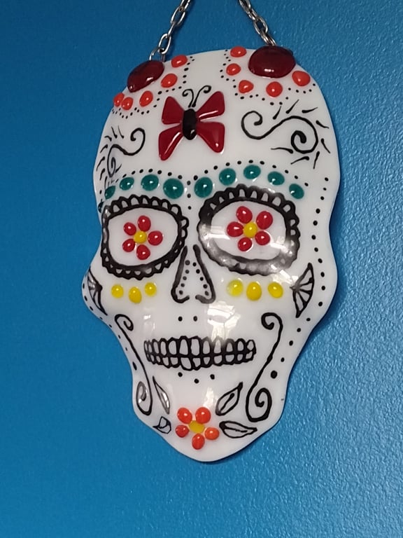 Fused glass Day of the Dead sugar skull hanging decoration