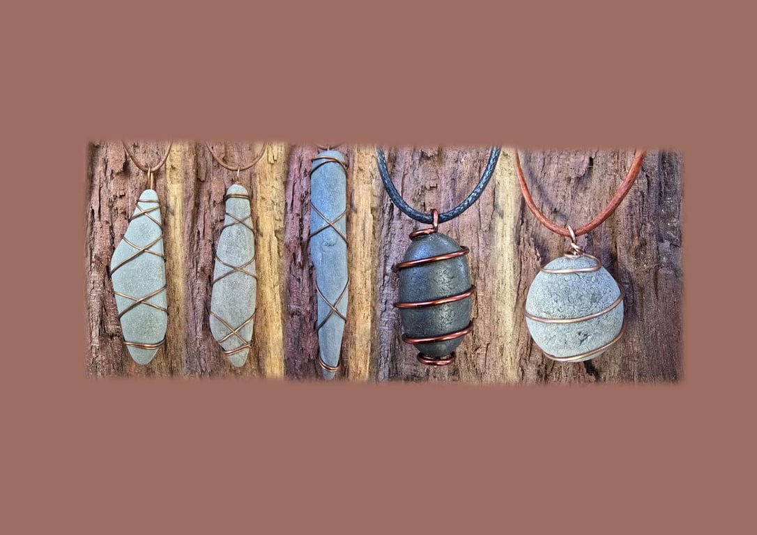 Copper Wire Wrapped Sea River Stone Pendant Necklace