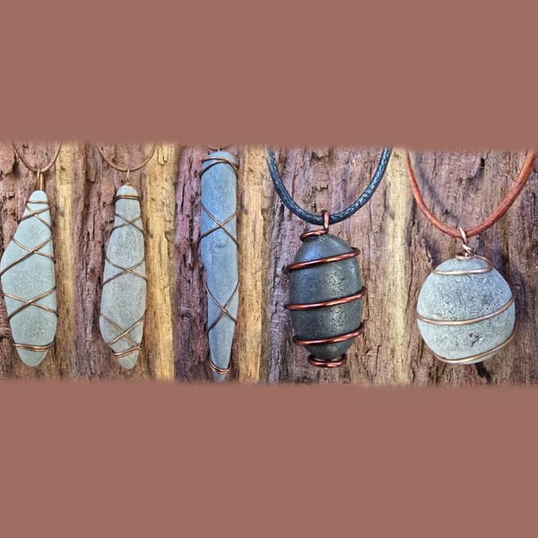Copper Wire Wrapped Sea River Stone Pendant Necklace