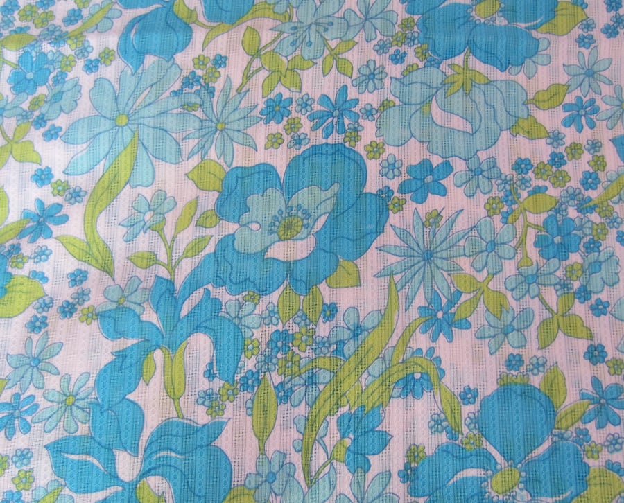 Unused Vintage Blue Floral 1970 s Fabric - 2 Metres