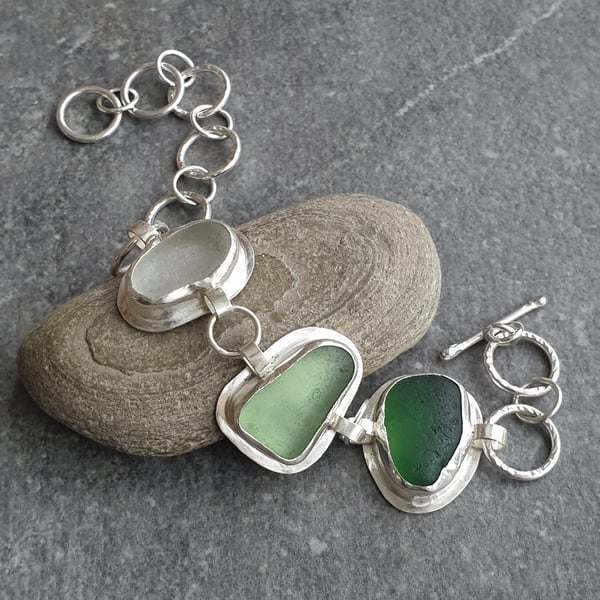 Green seaglass bracelet, Beach lover gift, Hallmarked jewellery