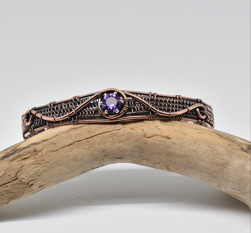 Faceted Amethyst and Copper Wire Wrapped and Woven Cuff Bracelet