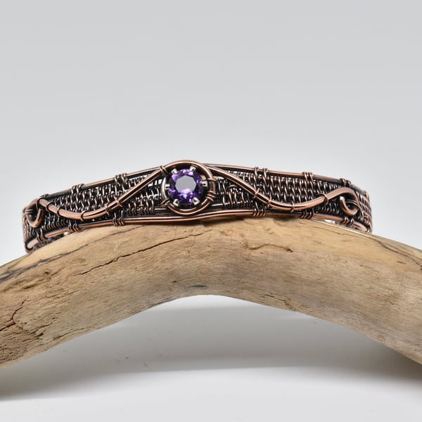 Faceted Amethyst and Copper Wire Wrapped and Woven Cuff Bracelet