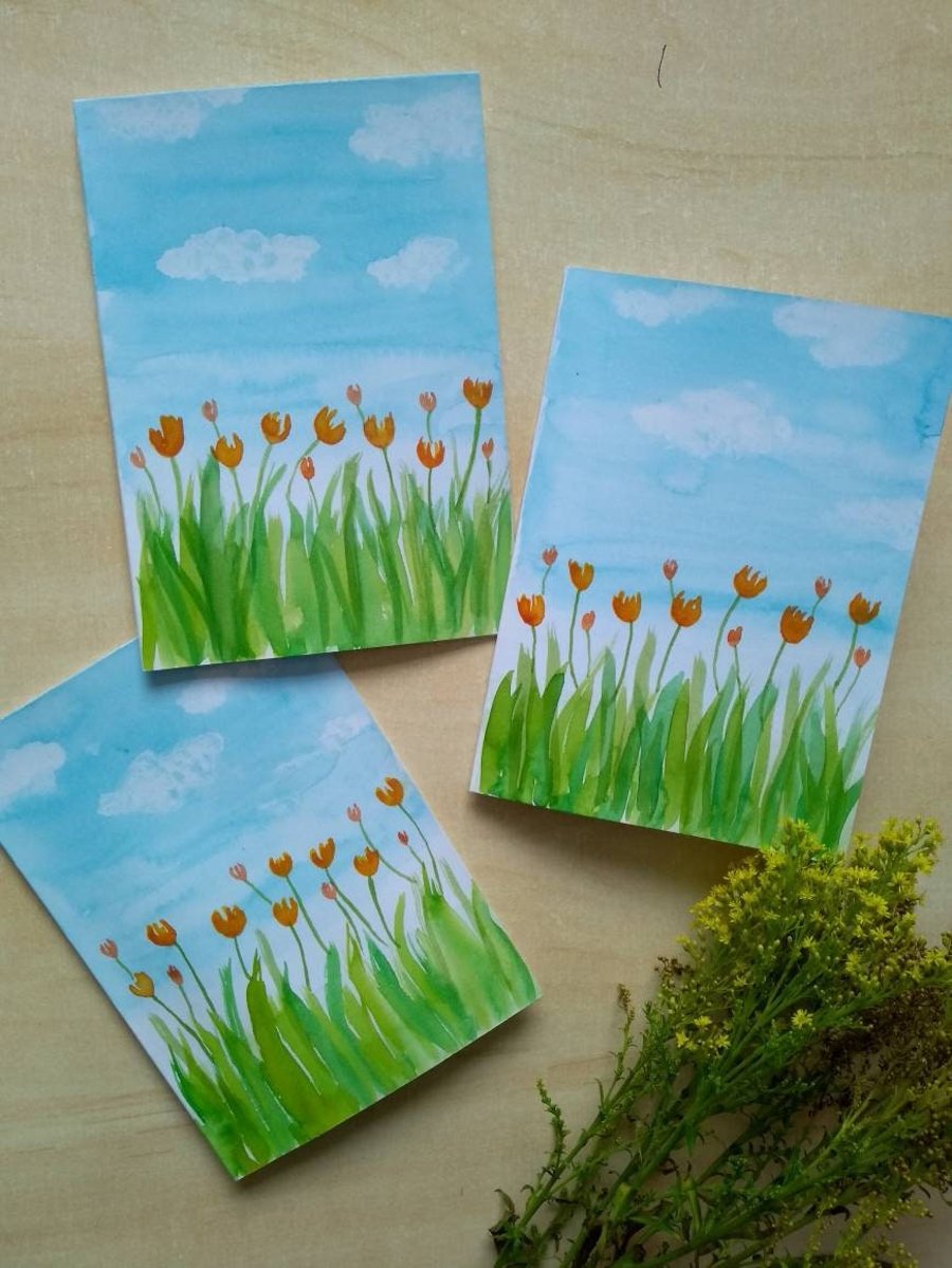 Set of 3 Handmade Original Watercolour Tulips Greetings Cards Notecards