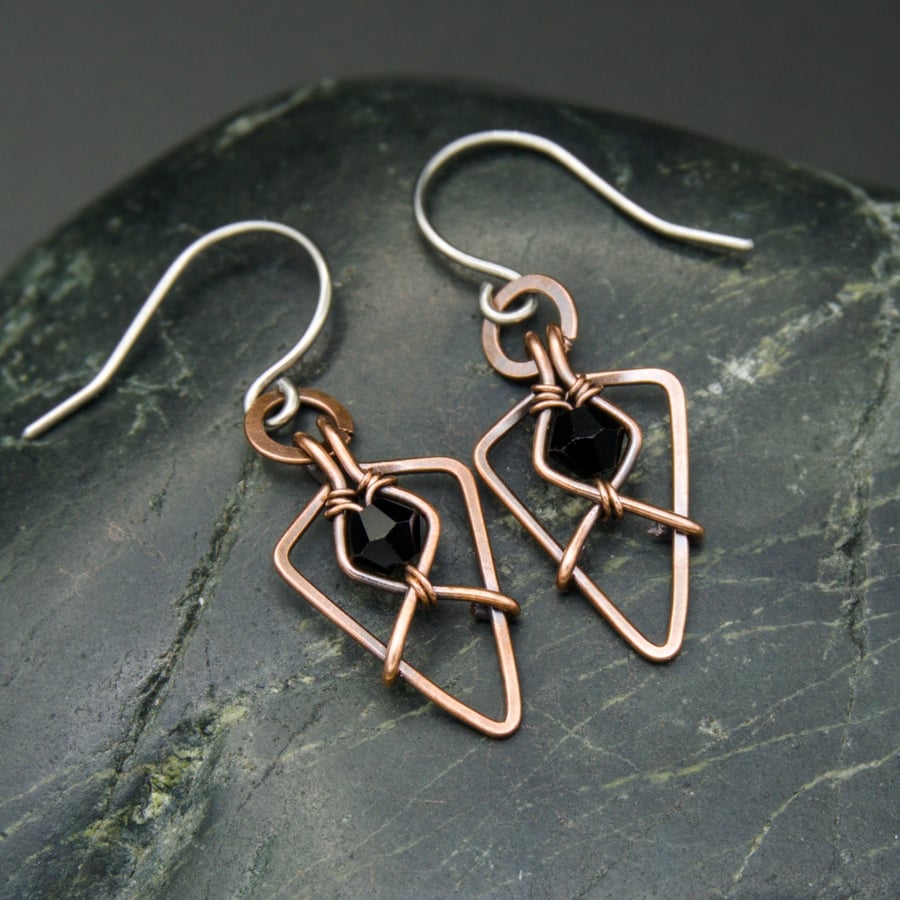 Hammered Copper Arrowhead Earrings with Black Beads