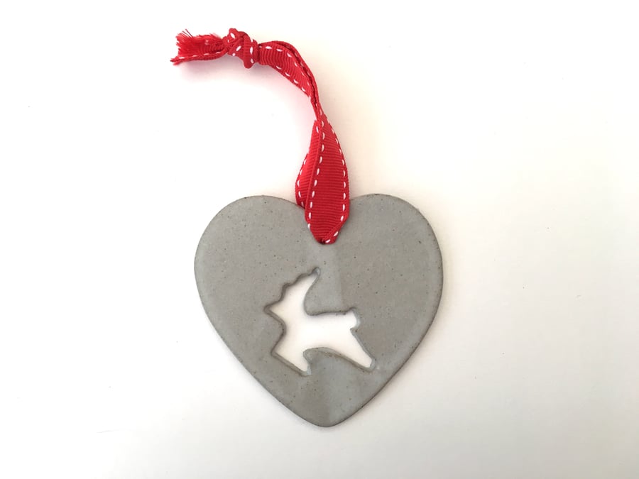 Ceramic christmas reindeer hanger,  Love heart hanger, handmade pottery