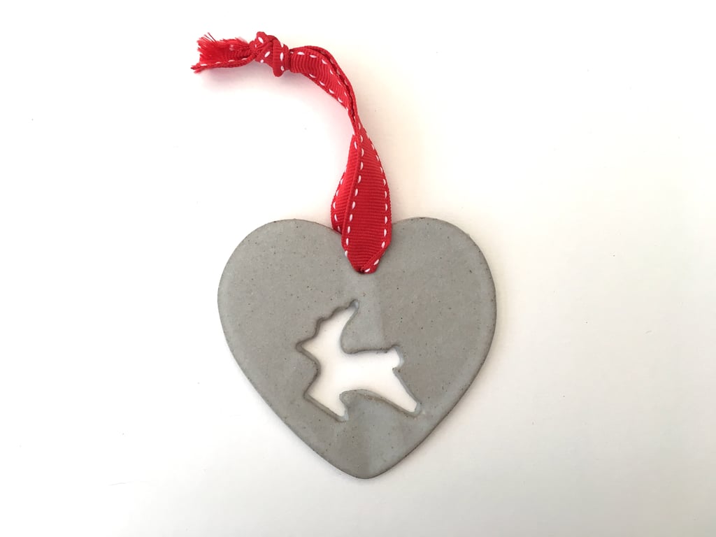 Ceramic christmas reindeer hanger,  Love heart hanger, handmade pottery