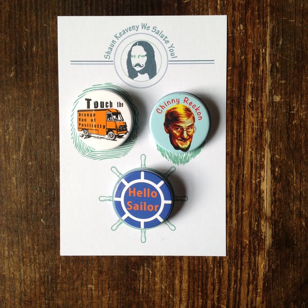 Shaun Keaveny Cart Wall Inspired 38mm Pin Button Badges. Stocking Filler.