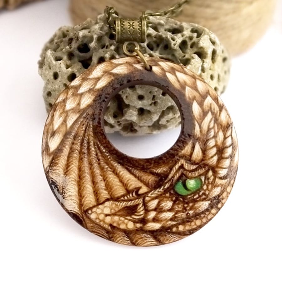Watchful dragon's eye. Pyrography wood dragon pendant necklace.