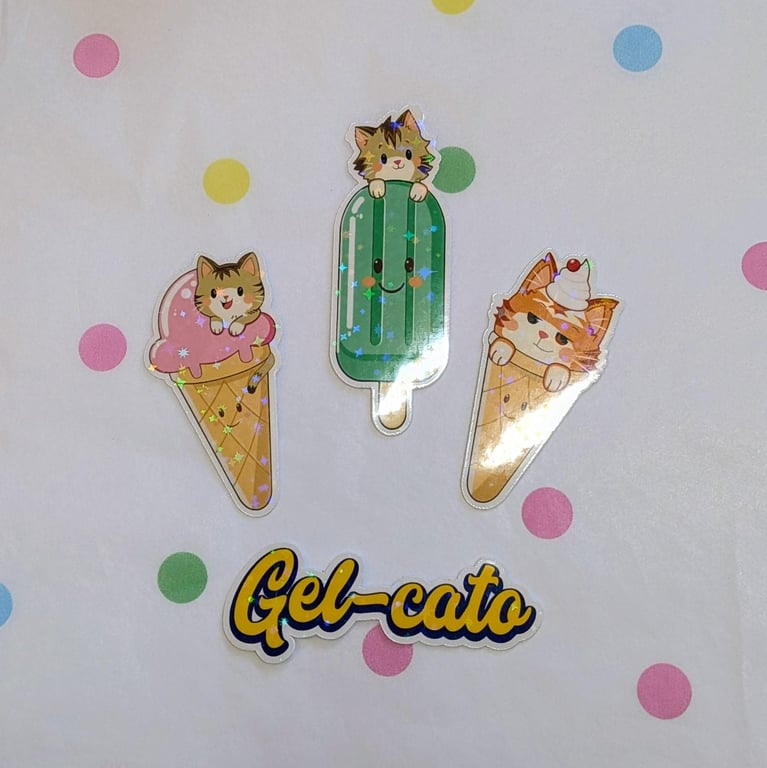 Holographic Ice Cream Cat Stickers, Gelato Kitten Decals, Summer Water Bottle 