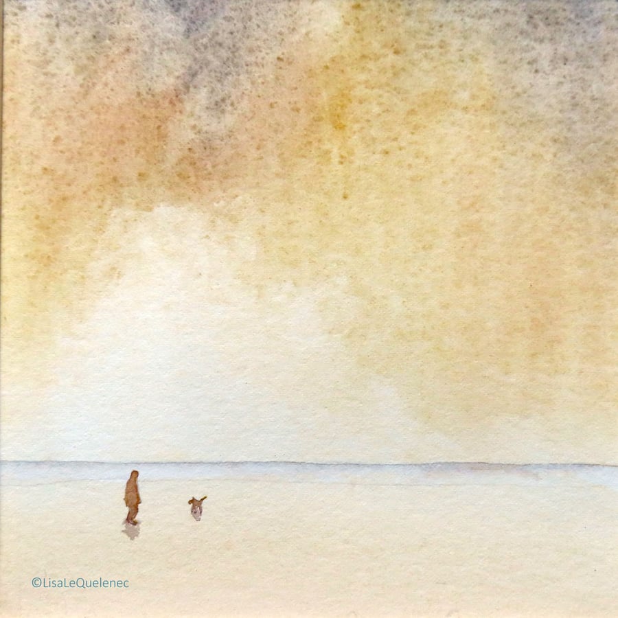 By your side dog walking on a beach at sunset original watercolour painting