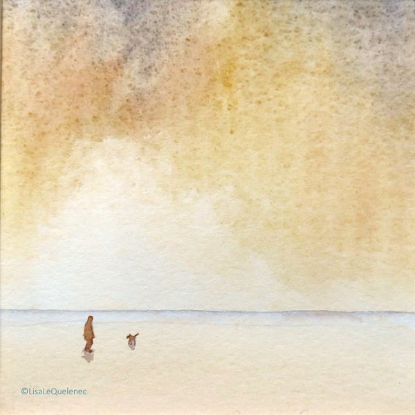 By your side dog walking on a beach at sunset original watercolour painting