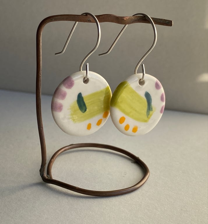 Earrings Dangly handmade Ceramic Lilac and Orange - Sterling Silver 