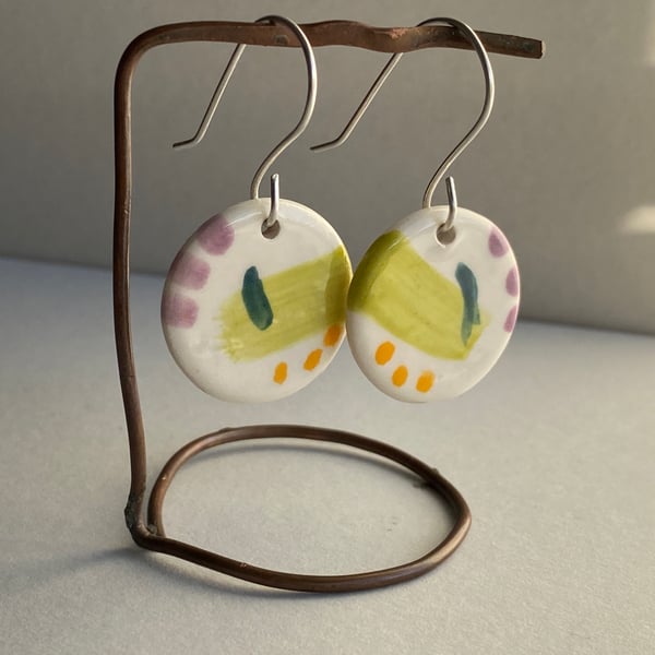 Earrings Dangly handmade Ceramic Lilac and Orange - Sterling Silver 