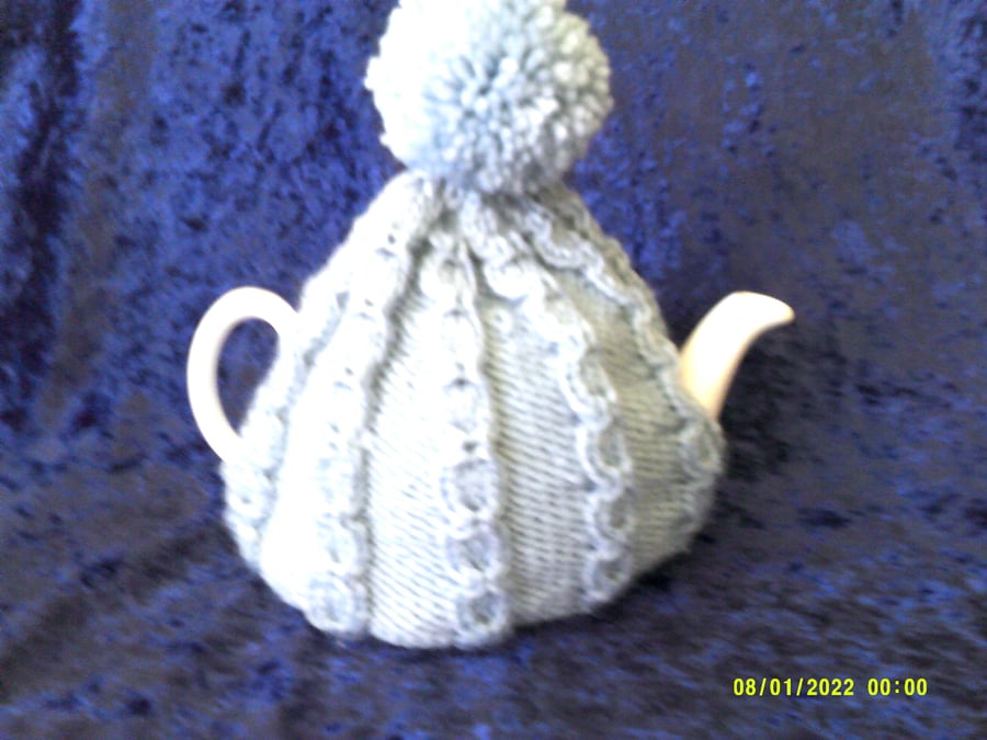 Airforce Blue Mock Cable Knitted Tea Cosy with Pompom