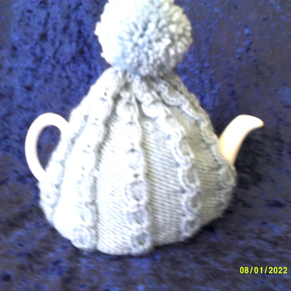 Airforce Blue Mock Cable Knitted Tea Cosy with Pompom