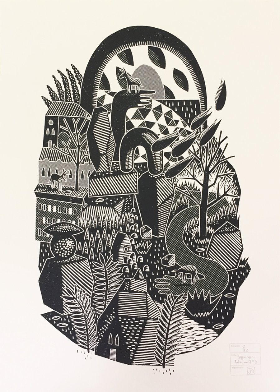 Happenings in Donkey World No.8 one-colour A2 linocut screen-print