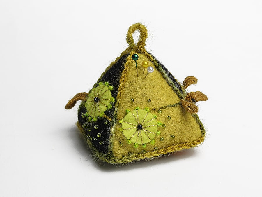 Black and mustard pyramid pin cushion with almond blossom embroidery