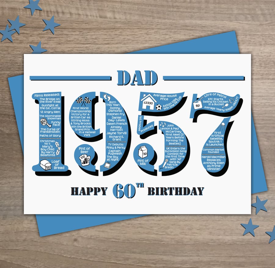 Happy 60th Birthday Dad Year of Birth Greetings Card - Born in 1957 - Facts A5