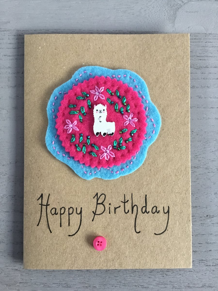 Hand Embroidered Llama Birthday Card