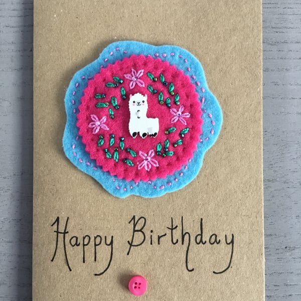 Hand Embroidered Llama Birthday Card