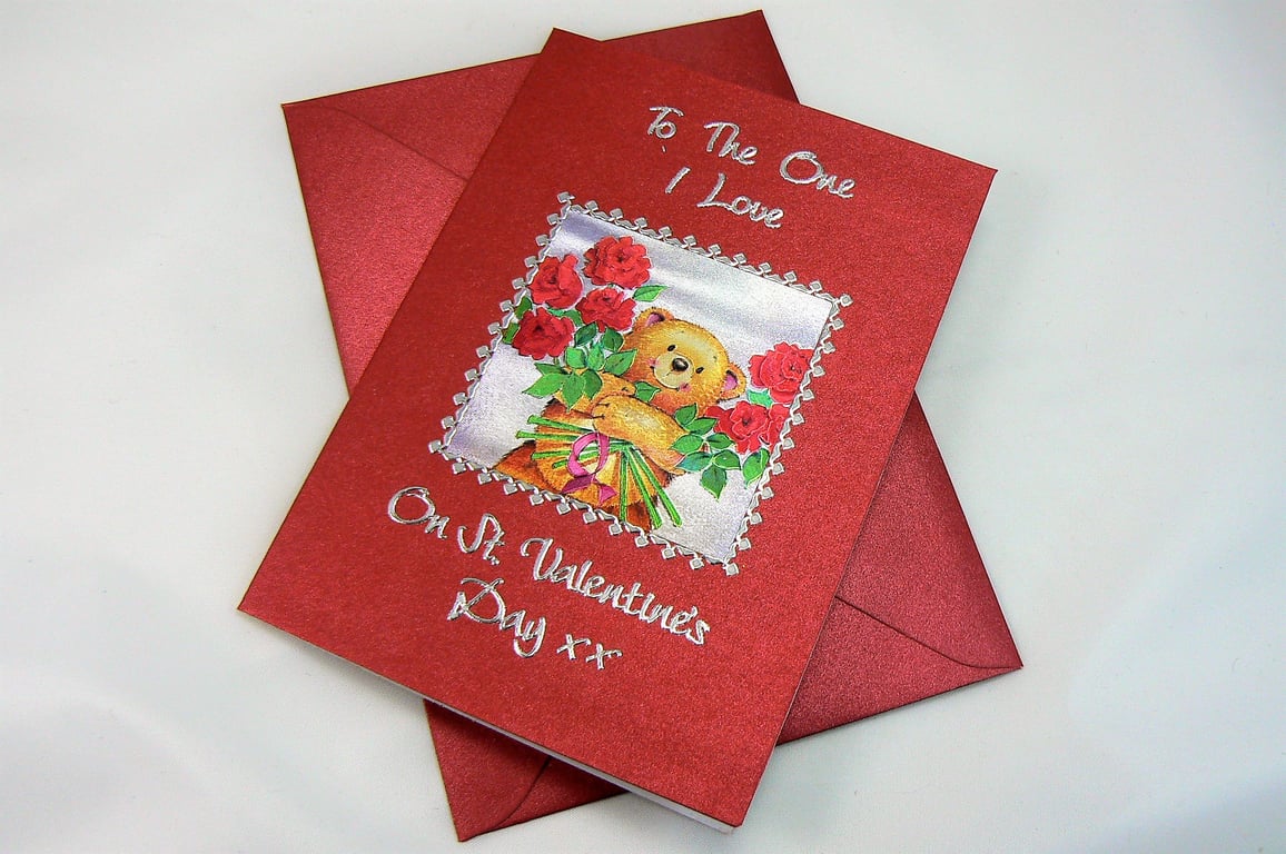 Valentine card (teddy & roses) To The One I Love On St Valentine's Day xx