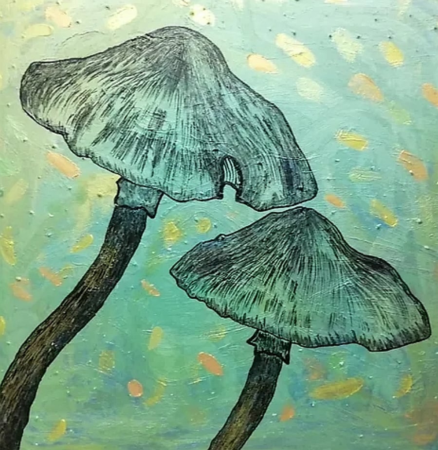 Emerald Mushrooms (Original Pearl Acrylic Painting) 