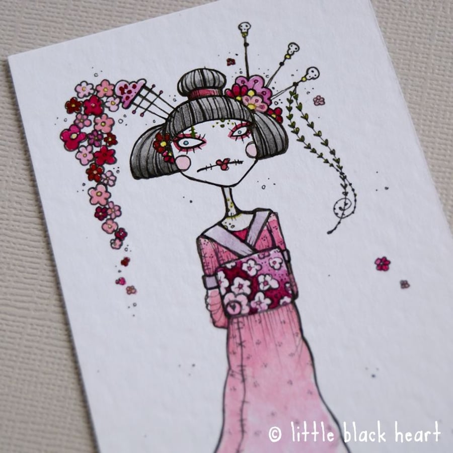 zombie geisha flower girl - original aceo