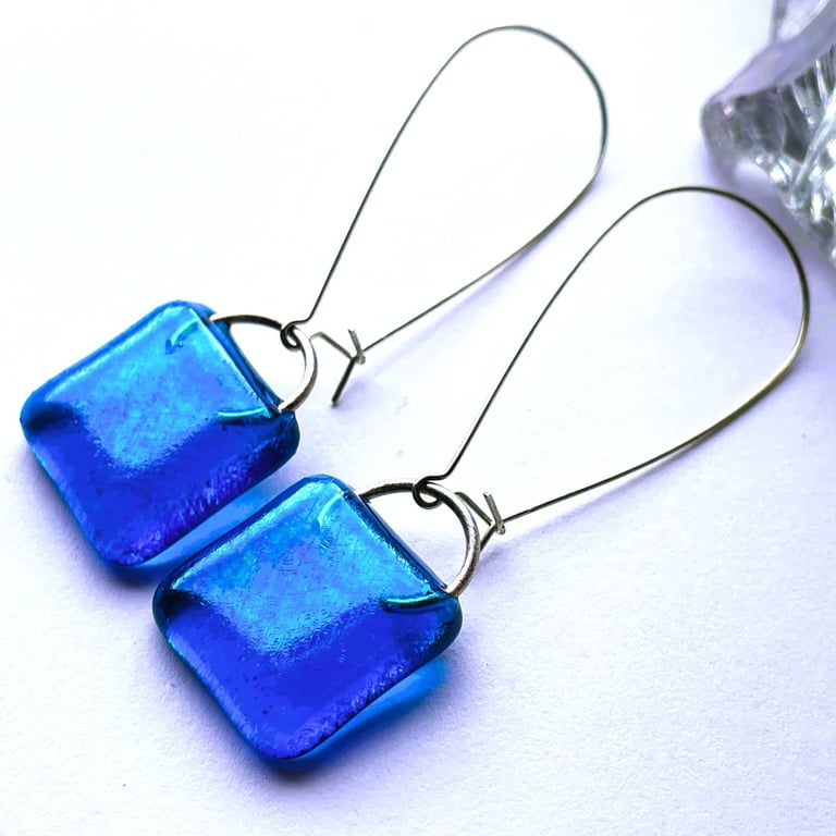 Irridescent blue fused glass earrings