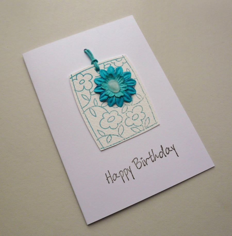 Blue Flower and Sea Glass Embellished Greetings Card