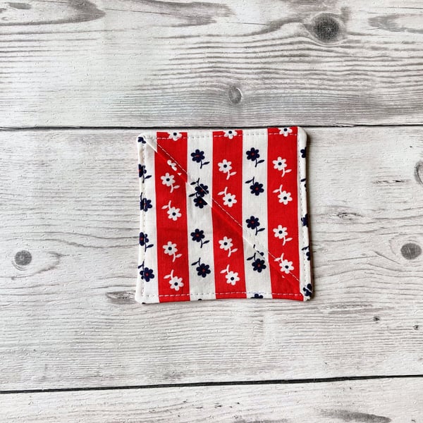 Corner fabric bookmark. Flowers, floral, red and white stripes.