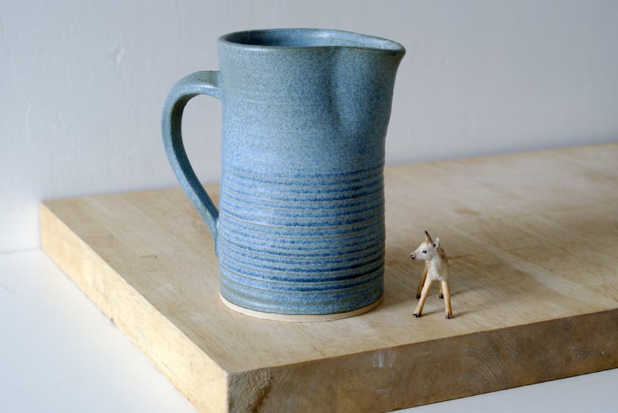 Fluted ceramic pouring pitcher glazed in smokey blue - handmade stoneware