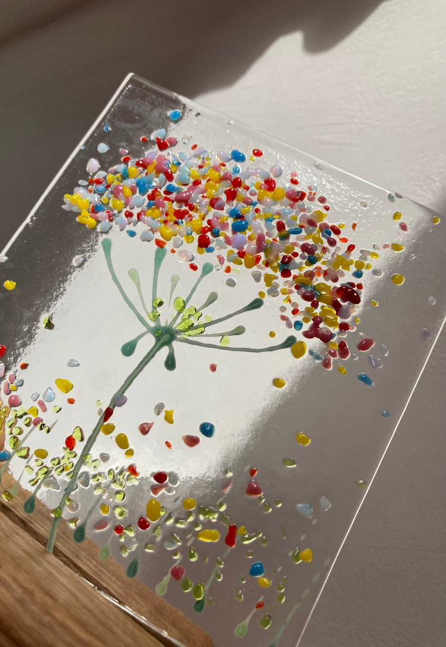 Small Cheerful Opal Rainbow mix Flower fused glass Art Picture With Oak Stand