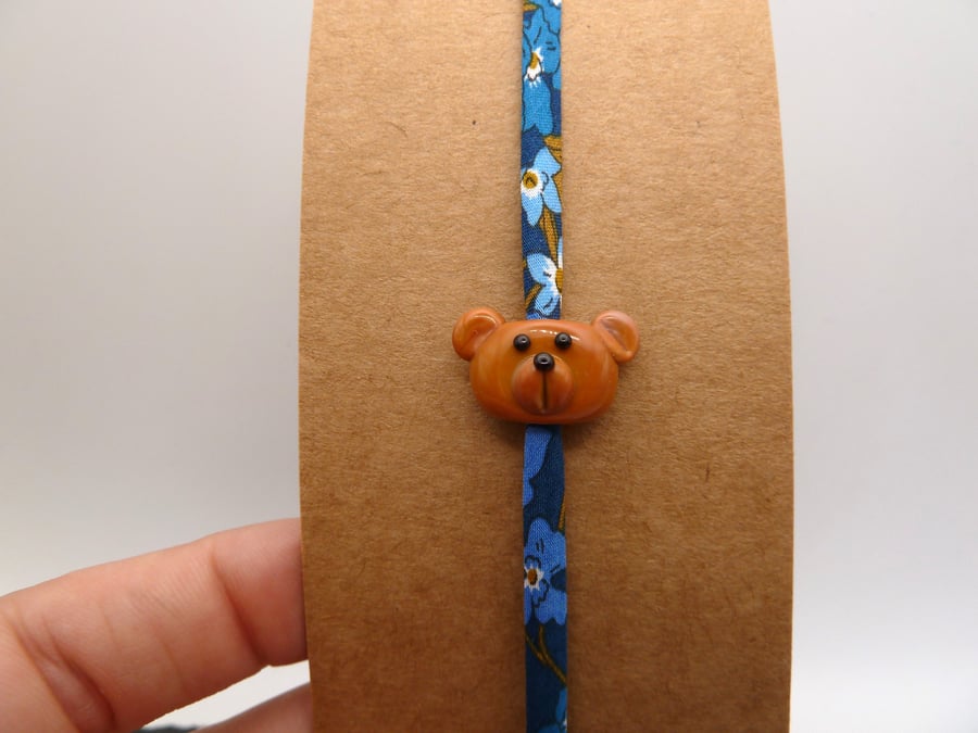 lampwork glass teddy bear adjustable bracelet, liberty print fabric