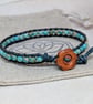 Duck egg blue sea sediment jasper and leather bracelet with wooden button  - Image 3