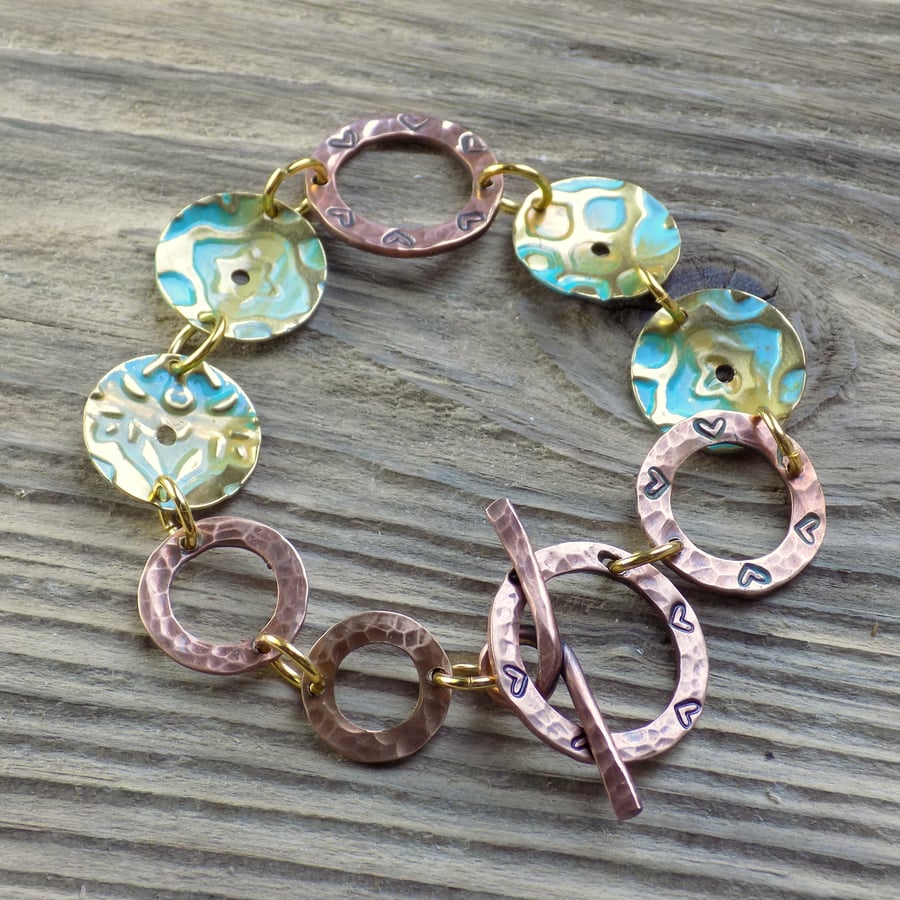 Copper washer and brass disc patterned bracelet