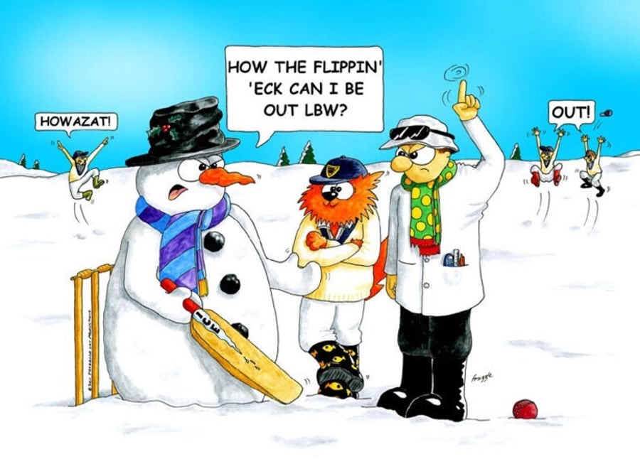 Cricket Christmas card. Snowman LBW. Funny cartoon card.  FREE UK P&P