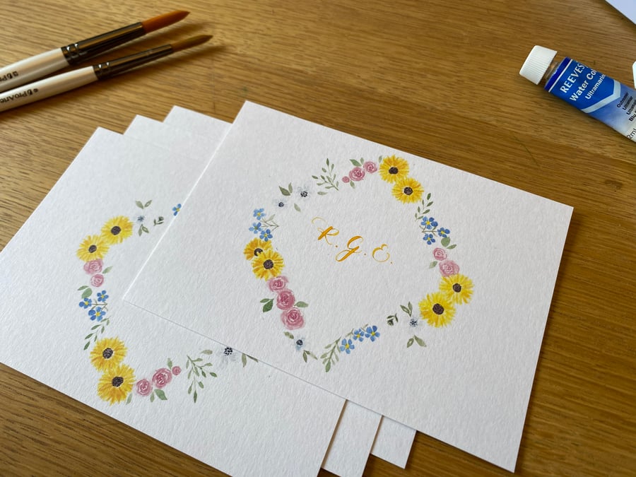Set of 4 Hand Personalised Floral Watercolour A6 Notecards 