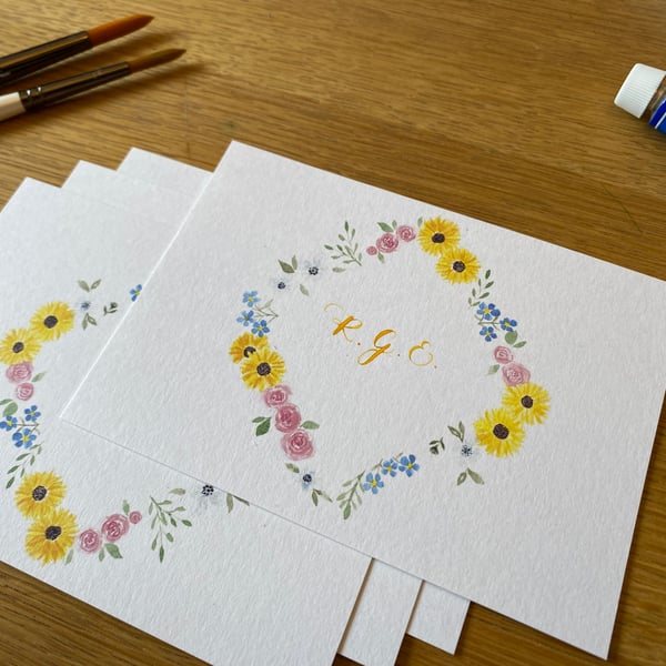 Set of 4 Hand Personalised Floral Watercolour A6 Notecards 