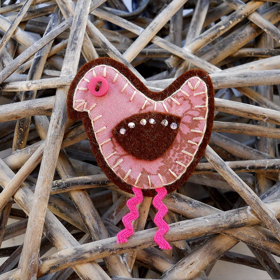 Retro Pink Bird Brooch - Christmas Stocking filler 