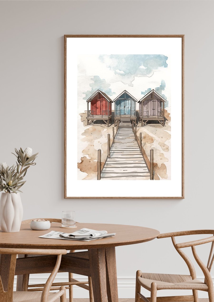Beach Hut Wall Art Print - A4 Coastal Home Decor