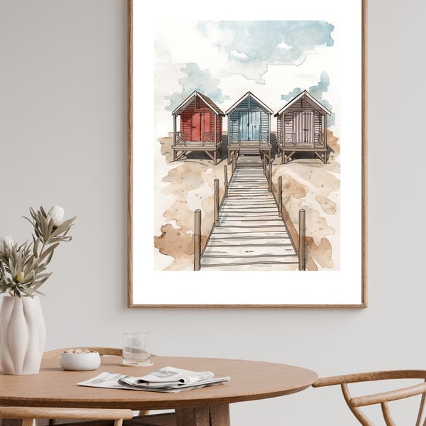 Beach Hut Wall Art Print - A4 Coastal Home Decor
