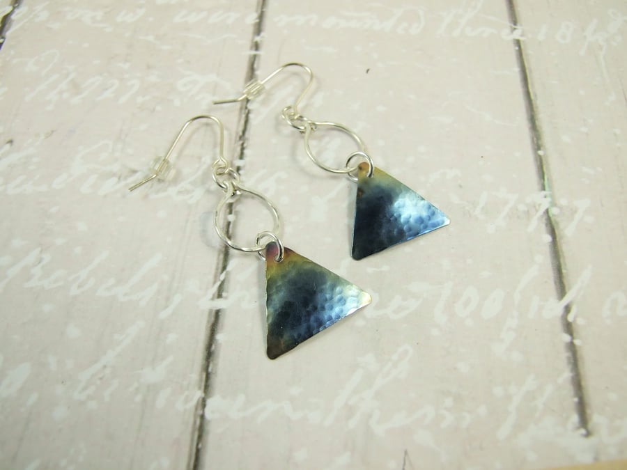 Earrings, Anodised Titanium, Aurora Triangle Droppers with Sterling Silver
