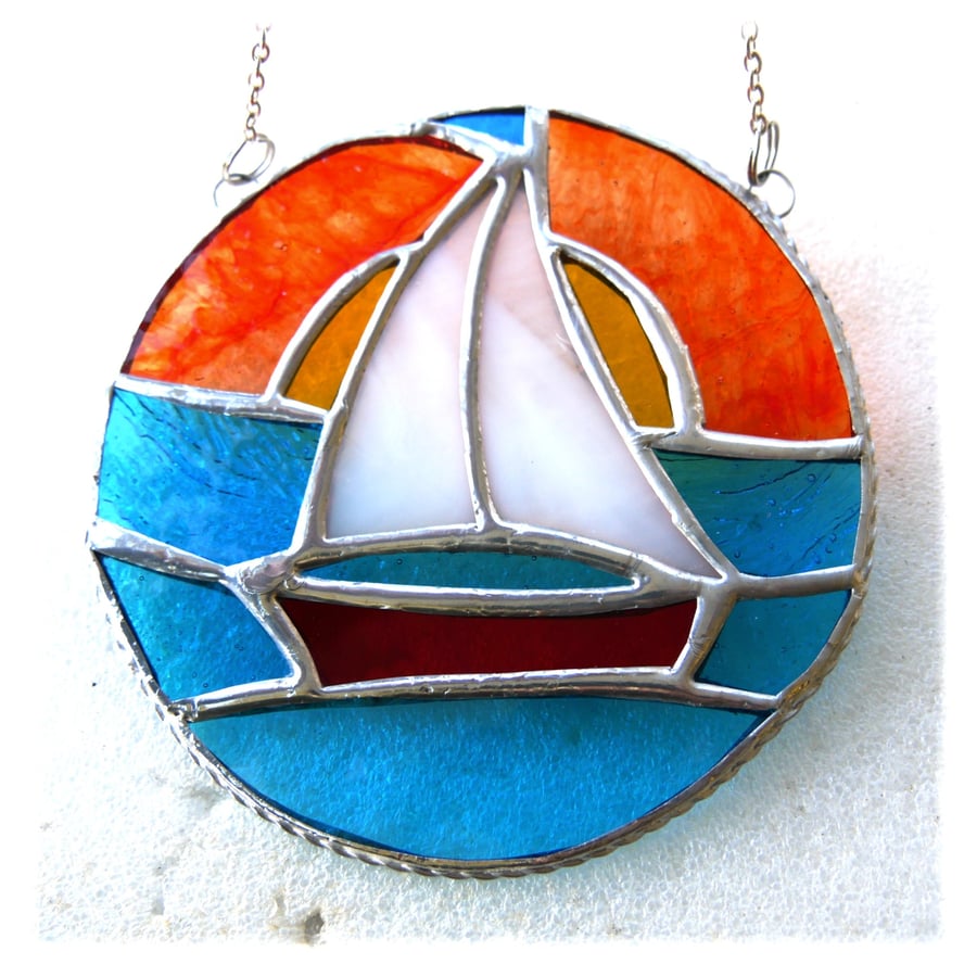 Sailboat Sunset Stained Glass Suncatcher Handmade Ring 032