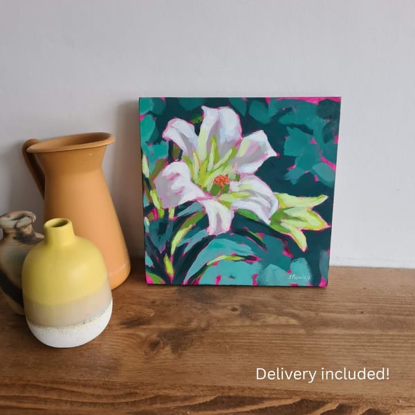 Hand painted white lily acrylic painting in impressionist style