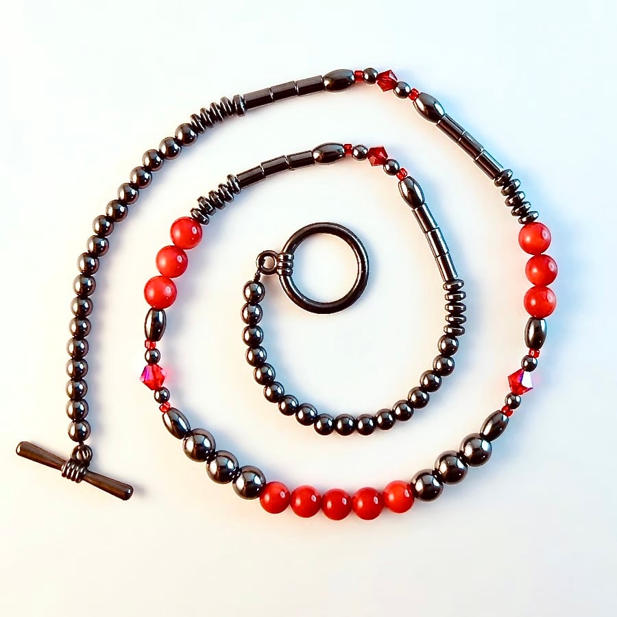 Hematite & Red Bamboo Coral necklace with Swarovski Crystals - Handmade In Devon