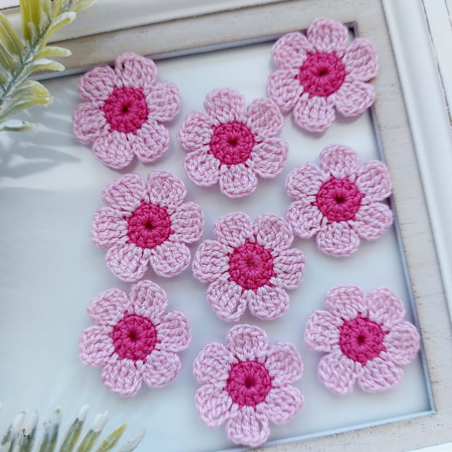 Set of 9 Handmade Crochet Flowers Pink Blossom Appliques