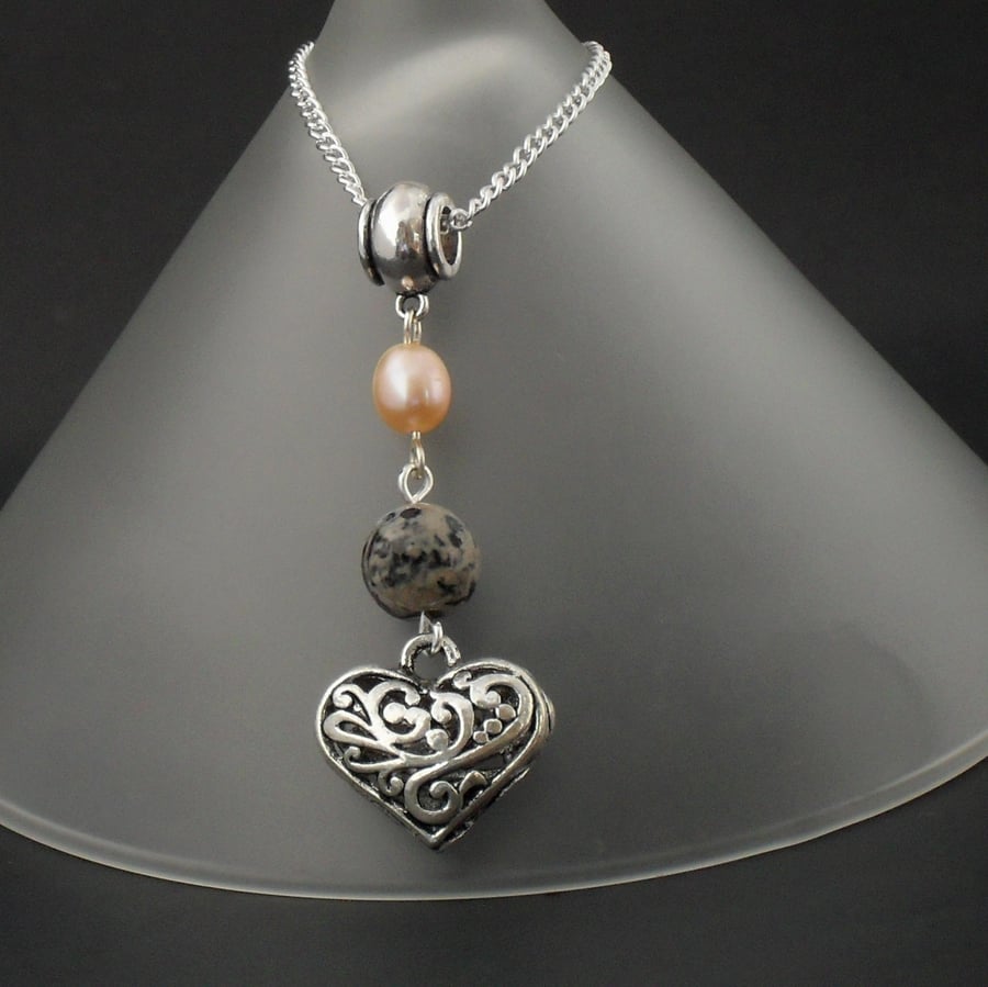 Peach pearl & brown fire agate heart charm necklace