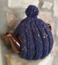 Small Tea Cosy for 2 Cup Tea Pot, Navy Tweed, Hand Knitted - Image 2