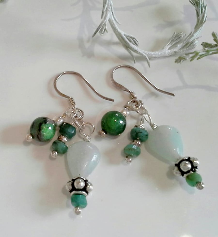 Cluster Emerald, Amazonite,  Ruby Zoizite,  Sterling Silver Earrings